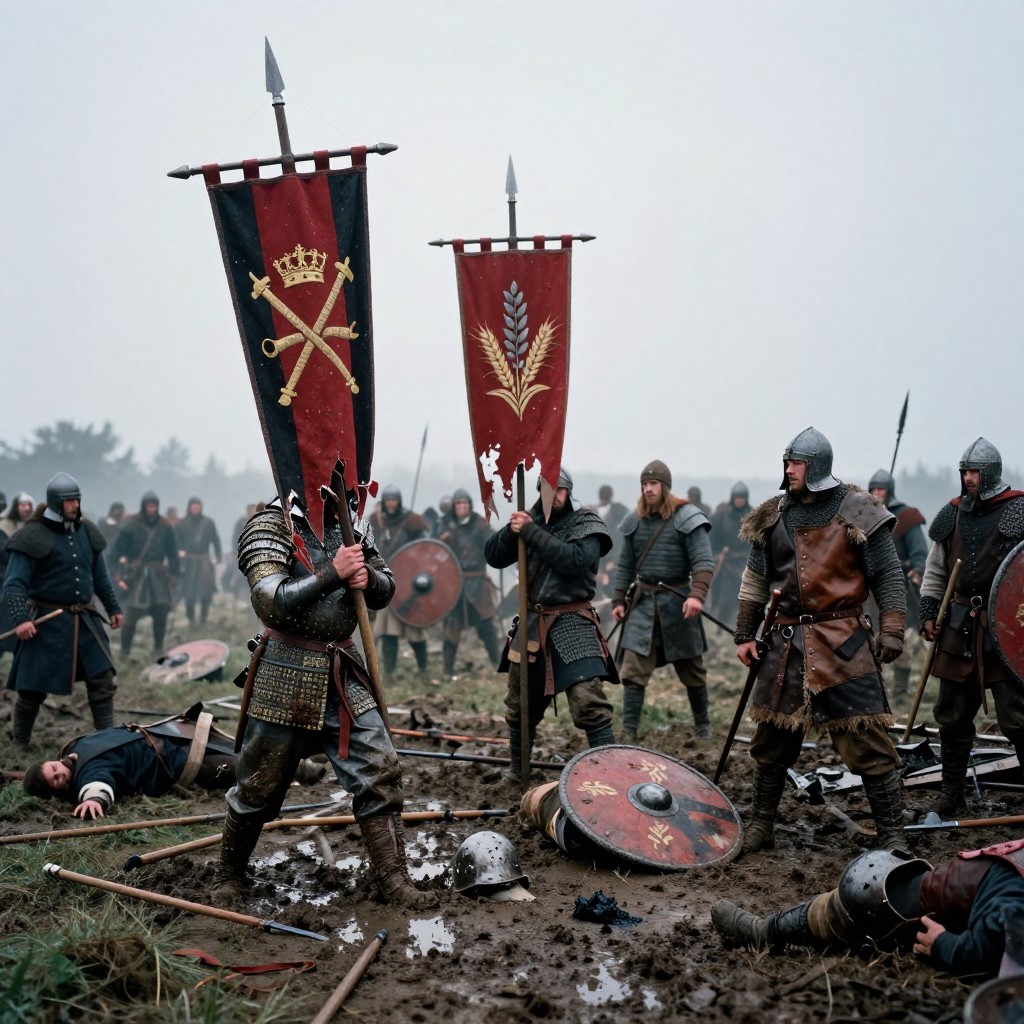 Banners of warring factions clashing on a bloodied battlefield