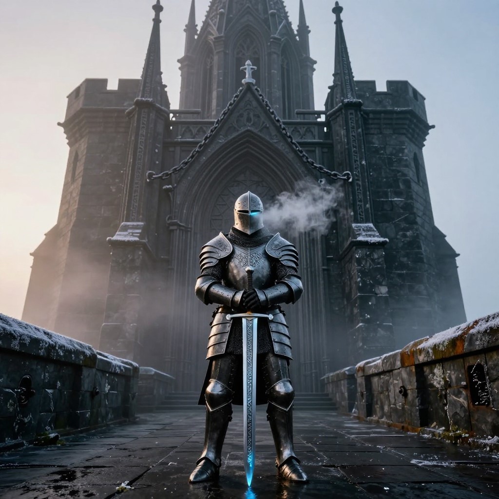 A lone warrior standing before a towering gothic citadel