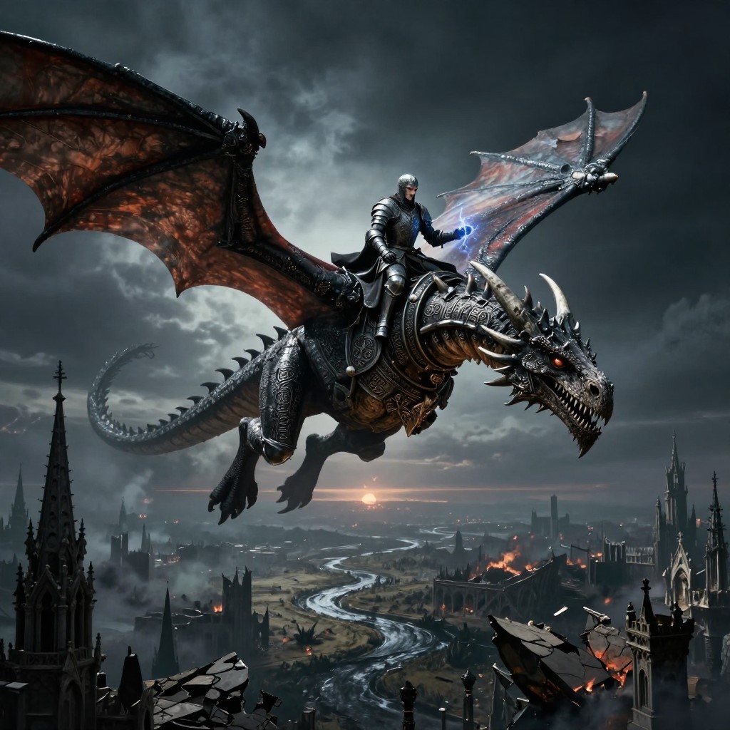 A dark medieval landscape shadowed by a massive dragon in flight